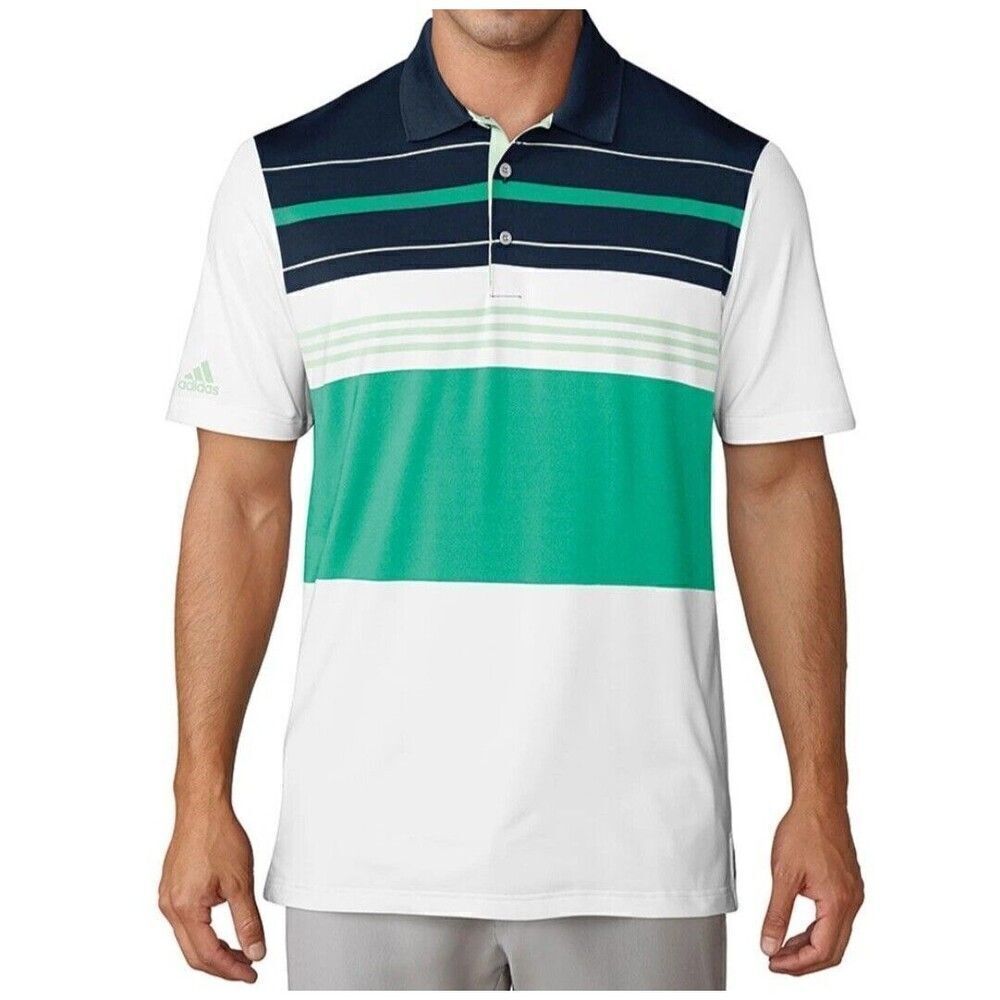 Adidas Golf Polo Shirt Mens Size L Navy Teal White Striped Short Sleeve